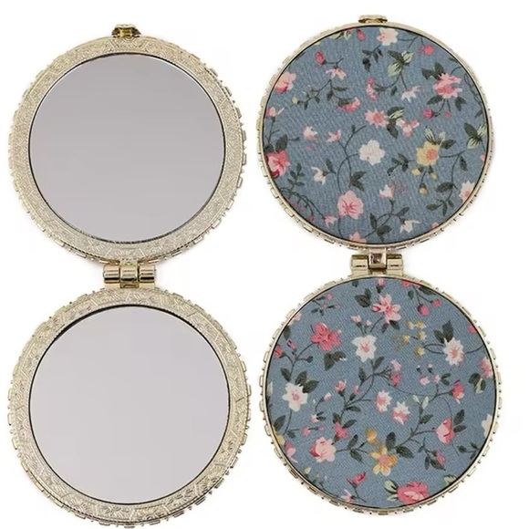 134. NEW| Blue Round Foldable Compact Hand Mirror Floral Vintage Retro Design - Picture 6 of 9